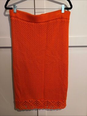BCBGeneration Orange Knit Midi Skirt with Crochet Hem